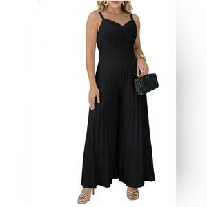 CHICME Women’s V Neck Spaghetti Strap Jumpsuits Wide Leg Pleated Pants Sz L